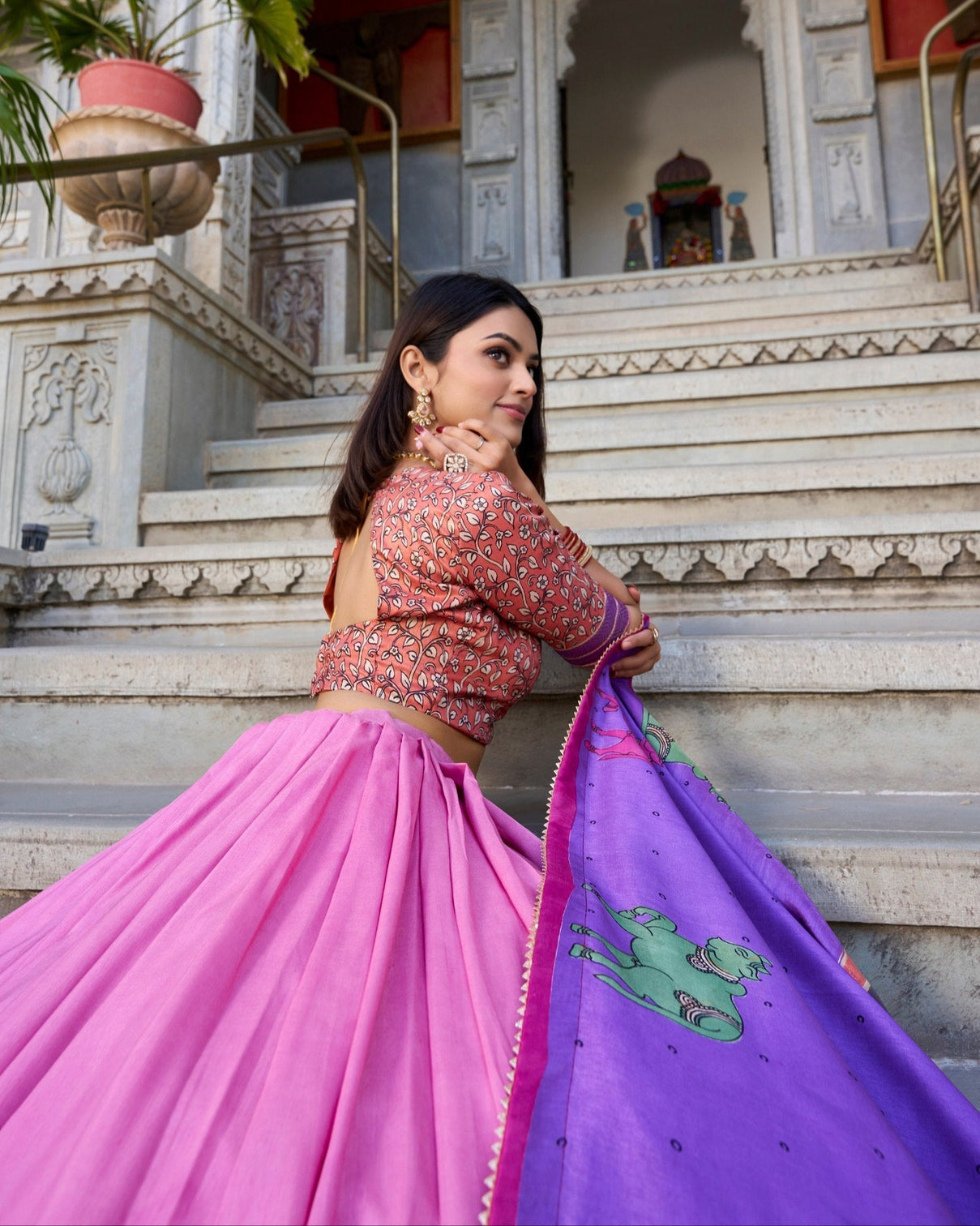 Blush pink lilac kalamkari dola silk lehenga set a graceful symphony of heritage elegance