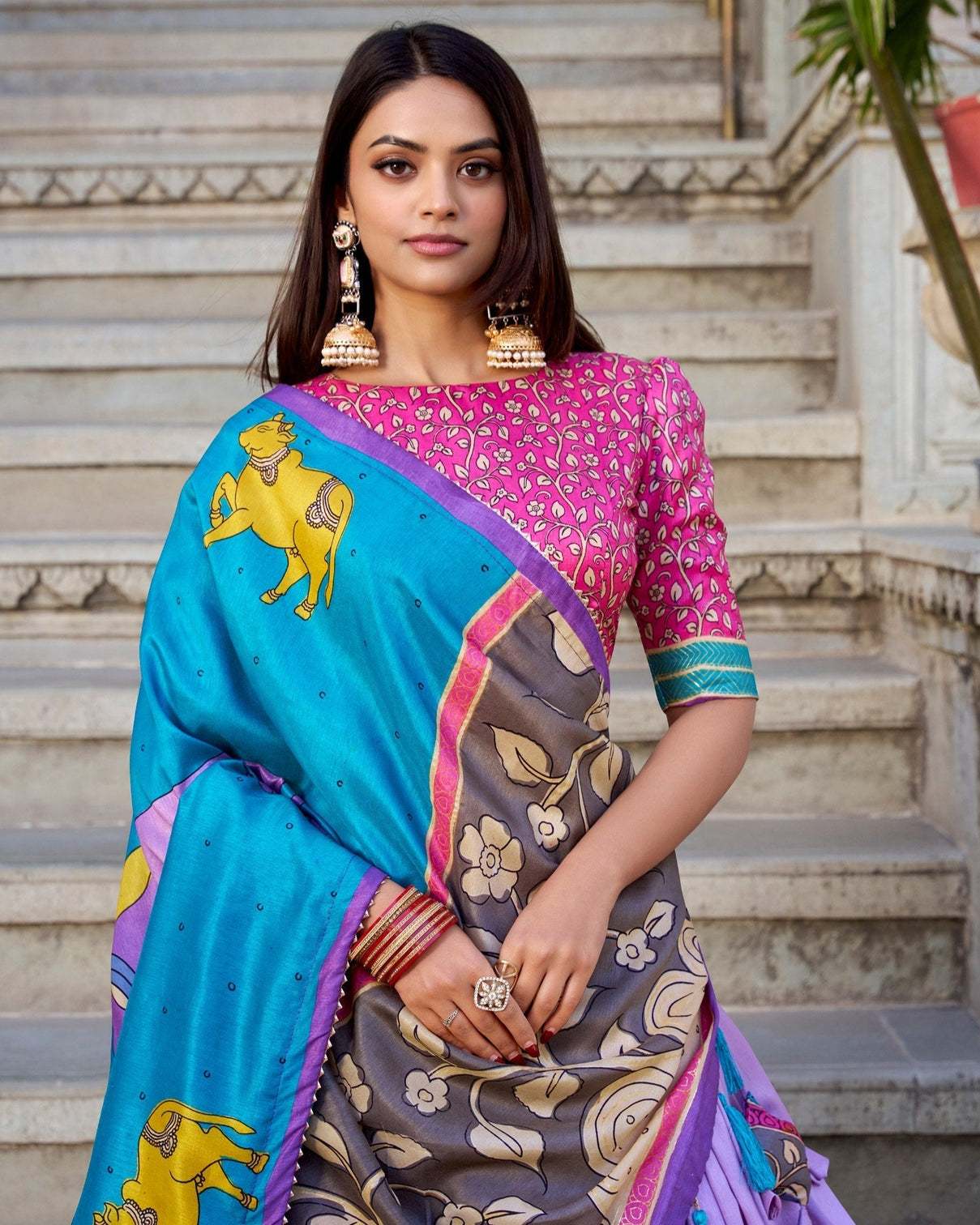 Royal lilac azure blue kalamkari tussar silk lehenga set