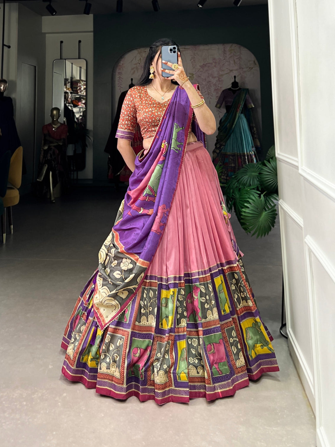 Blush pink lilac kalamkari dola silk lehenga set a graceful symphony of heritage elegance