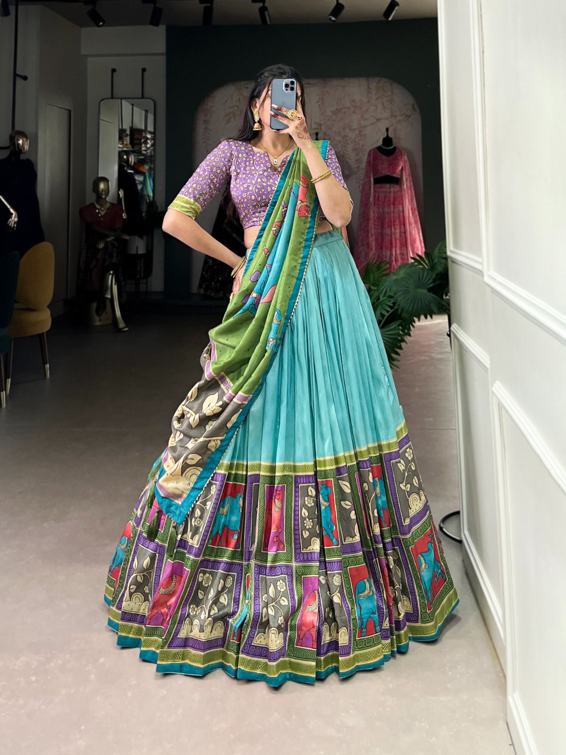Turquoise blue purple tussar silk kalamkari lehenga choli with elegant foil work mameraa