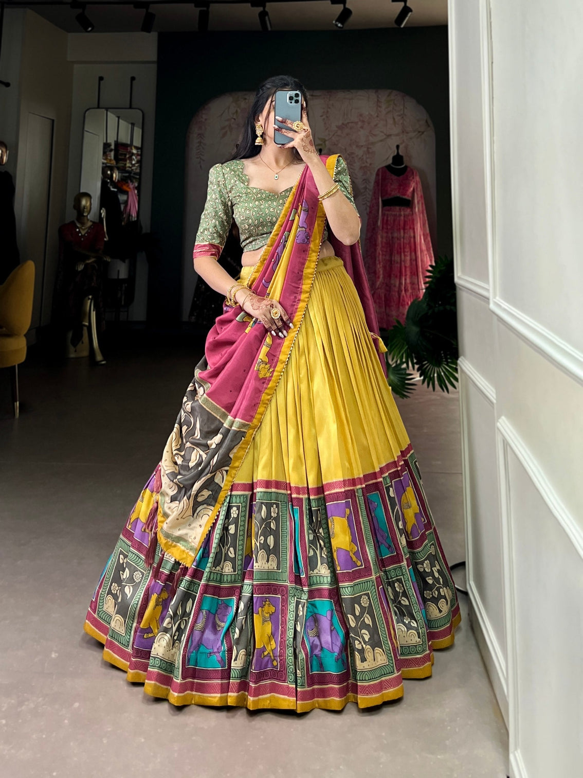 Majestic sapphire gold kalamkari dola silk lehenga a celebration of heritage elegance mameraa
