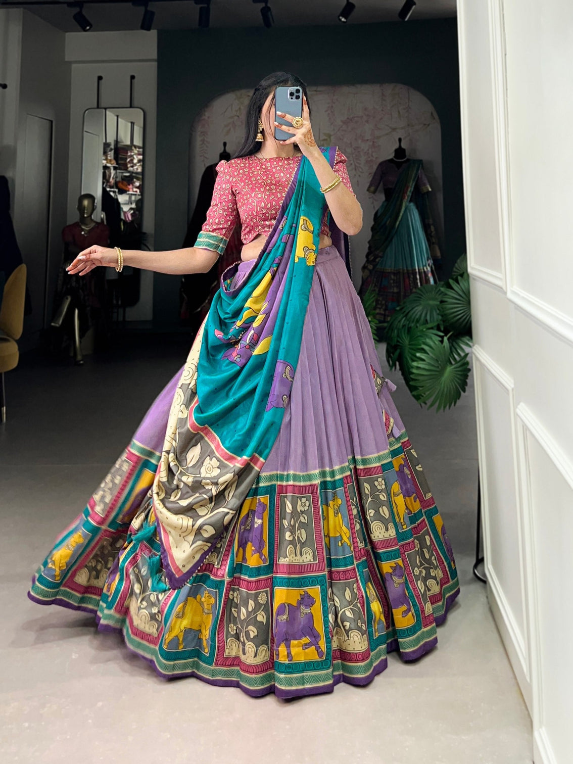 Royal lilac azure blue kalamkari tussar silk lehenga set mameraa