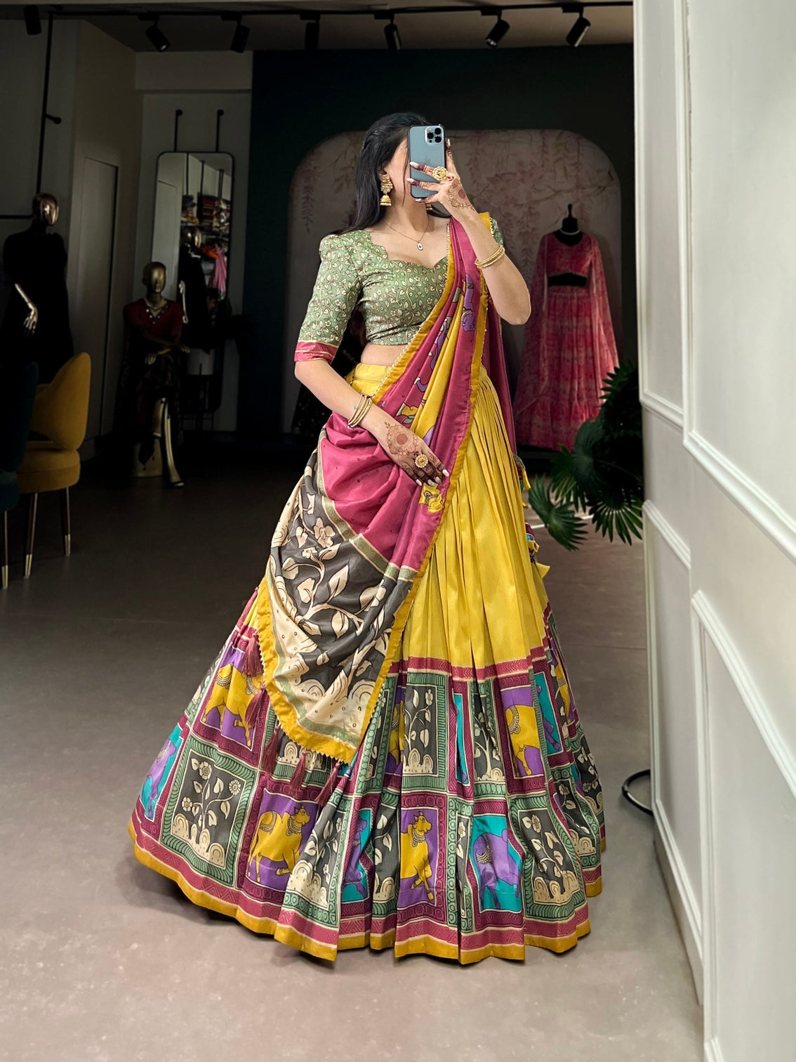 Majestic sapphire gold kalamkari dola silk lehenga a celebration of heritage elegance