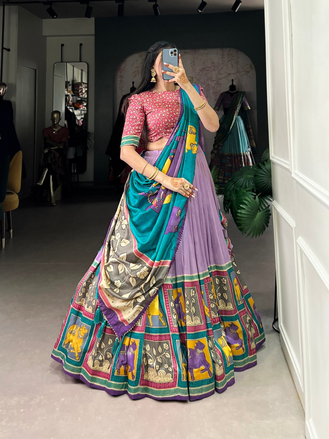 Royal lilac azure blue kalamkari tussar silk lehenga set