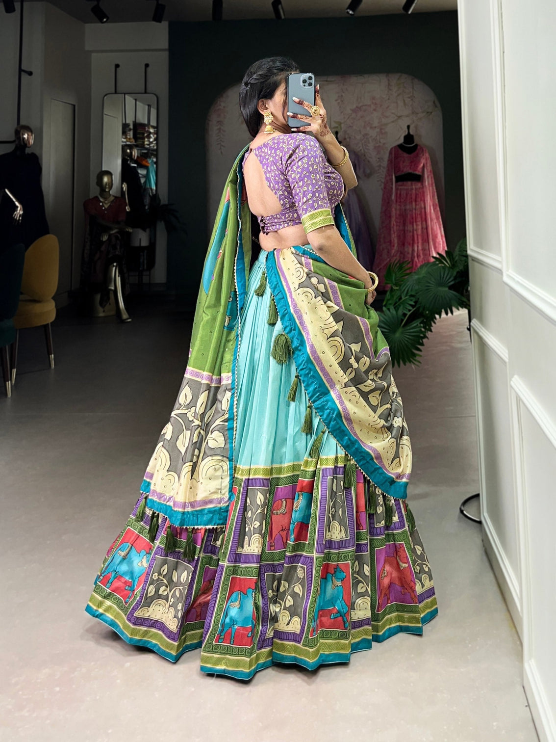 Turquoise blue purple tussar silk kalamkari lehenga choli with elegant foil work