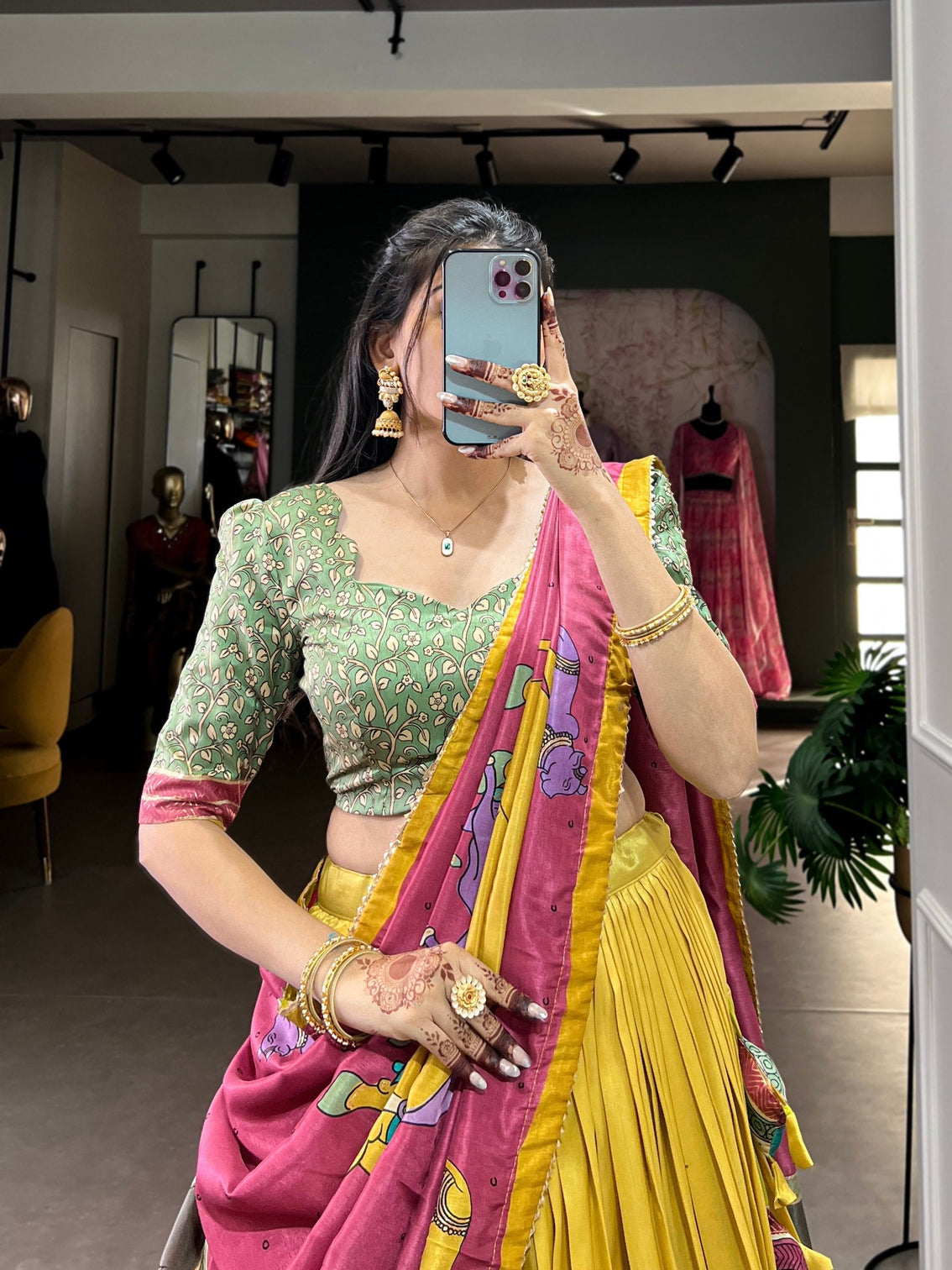 Majestic sapphire gold kalamkari dola silk lehenga a celebration of heritage elegance