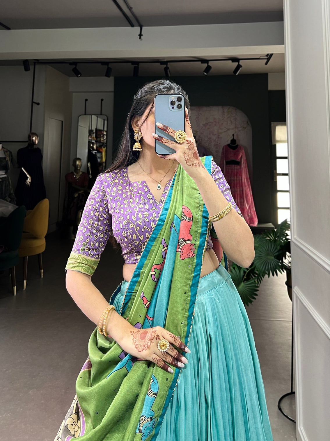 Turquoise blue purple tussar silk kalamkari lehenga choli with elegant foil work