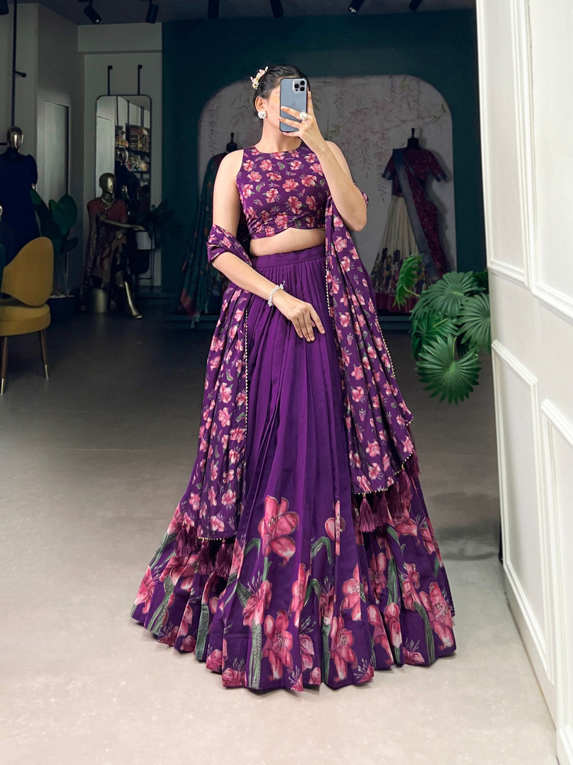 Royal plum blossom tussar silk lehenga set a floral symphony of elegance grace
