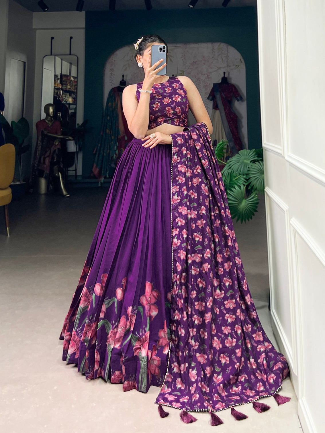 Royal plum blossom tussar silk lehenga set a floral symphony of elegance grace