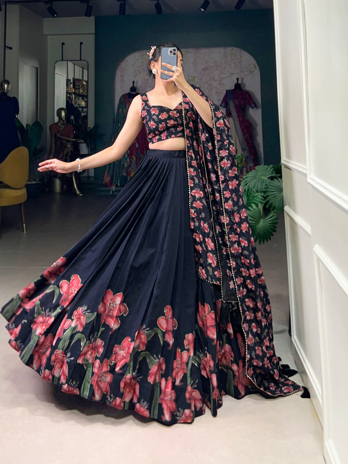 Navy blue scarlet floral tussar silk lehenga set a statement of grace elegance mameraa