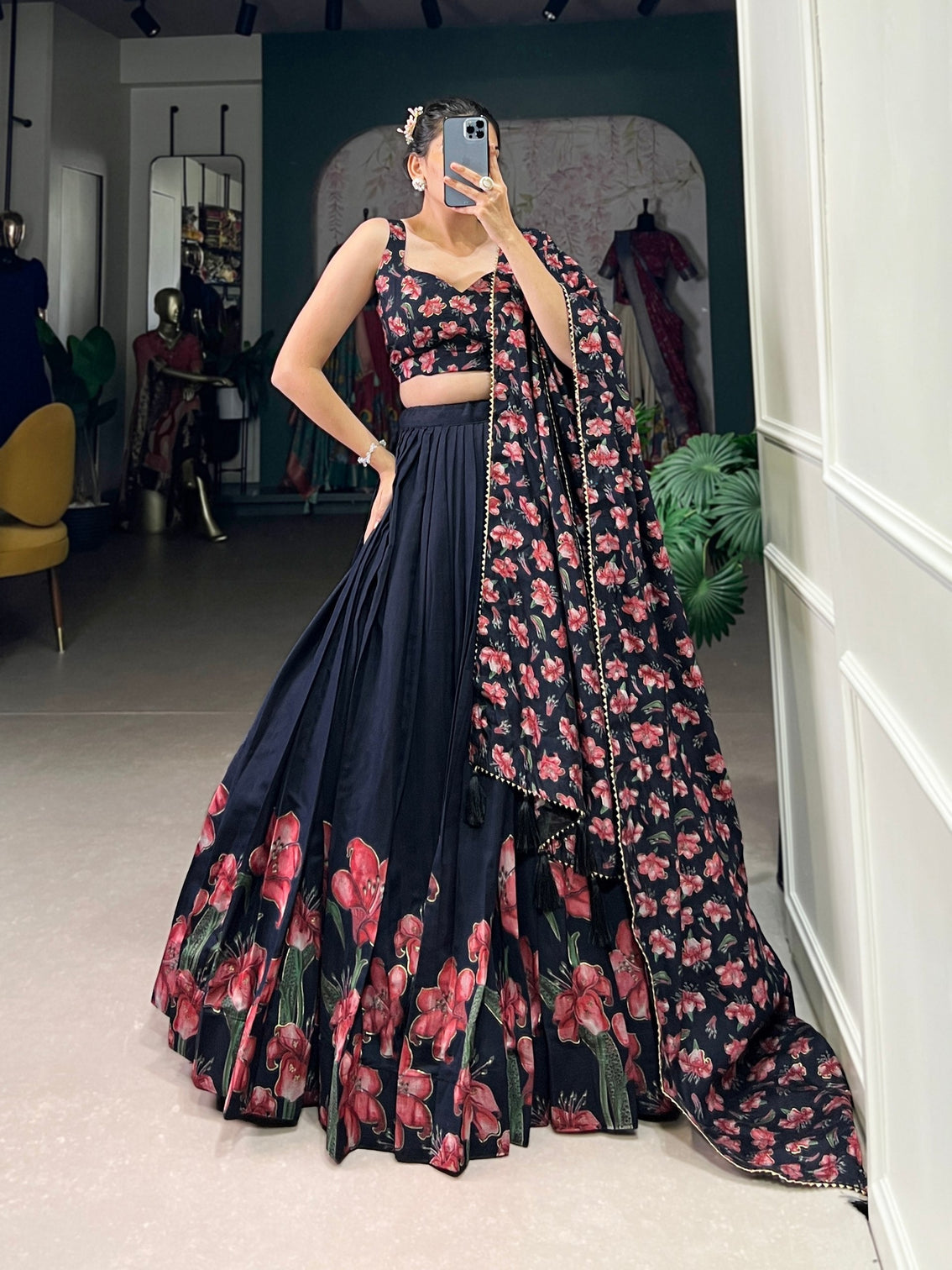 Navy blue scarlet floral tussar silk lehenga set a statement of grace elegance