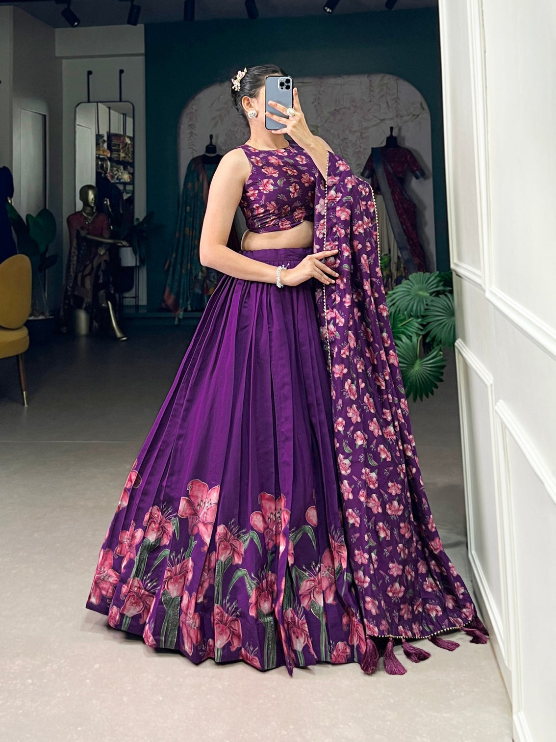 Royal plum blossom tussar silk lehenga set a floral symphony of elegance grace mameraa
