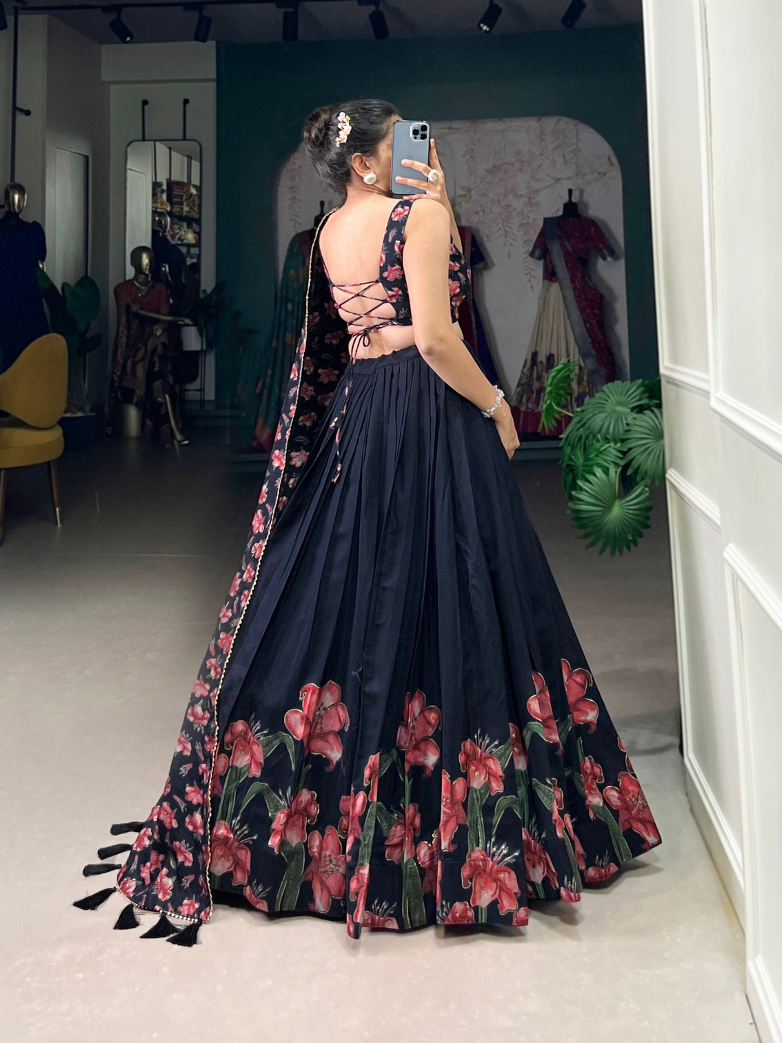 Navy blue scarlet floral tussar silk lehenga set a statement of grace elegance