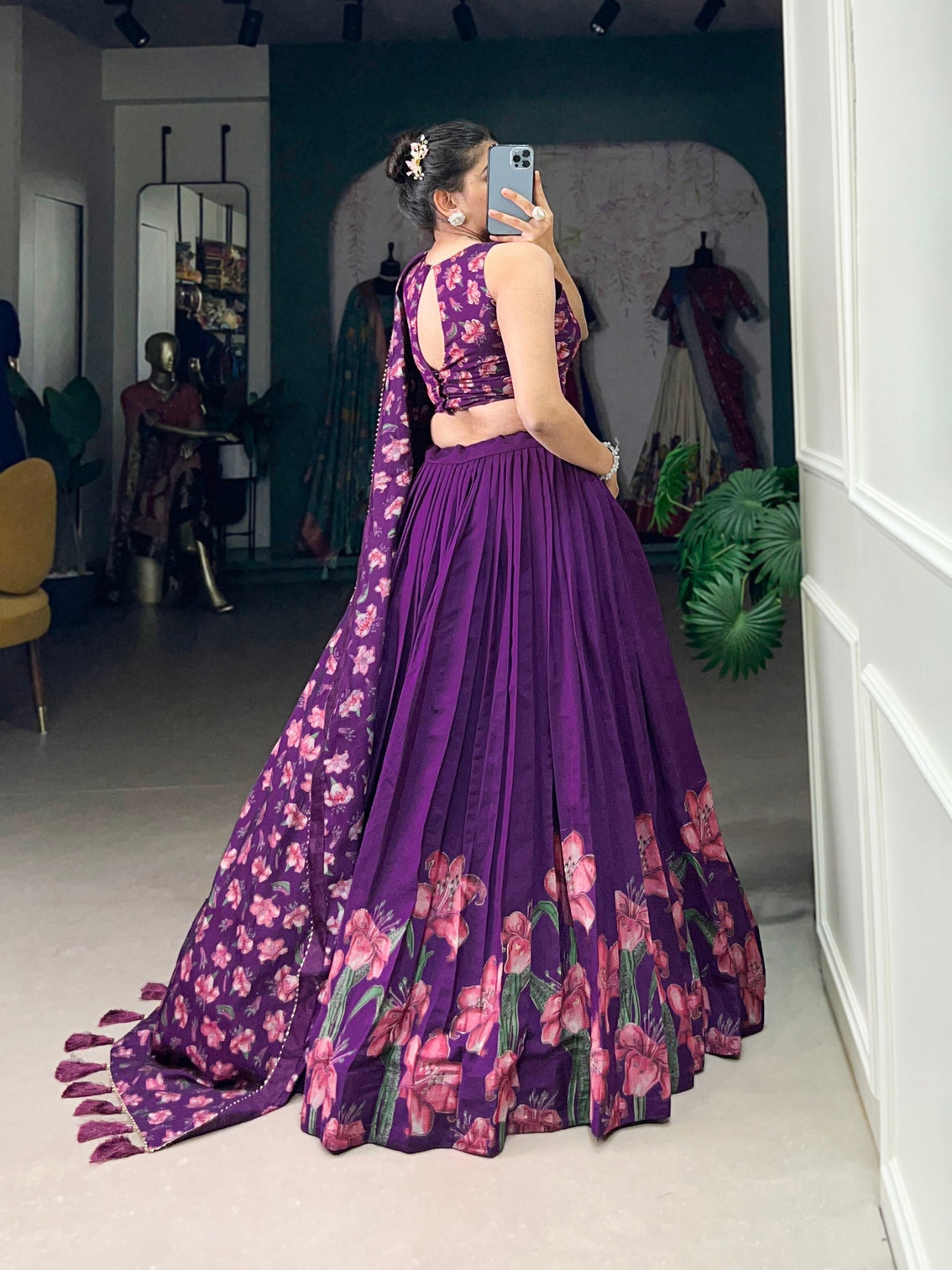 Royal plum blossom tussar silk lehenga set a floral symphony of elegance grace