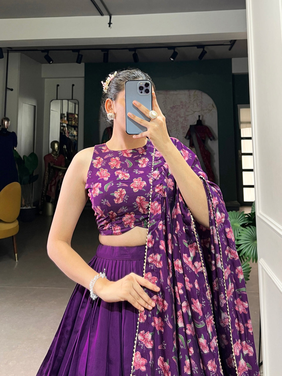 Royal plum blossom tussar silk lehenga set a floral symphony of elegance grace