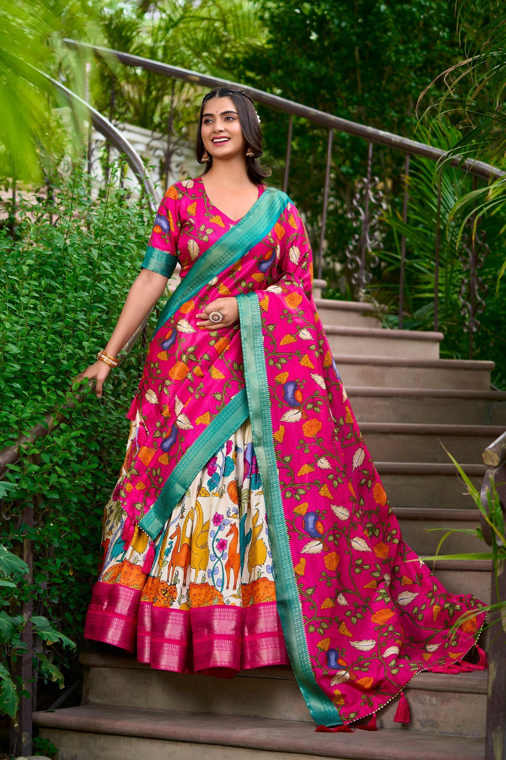 Ivory fuchsia pink kalamkari dola silk lehenga set a blend of art tradition mameraa