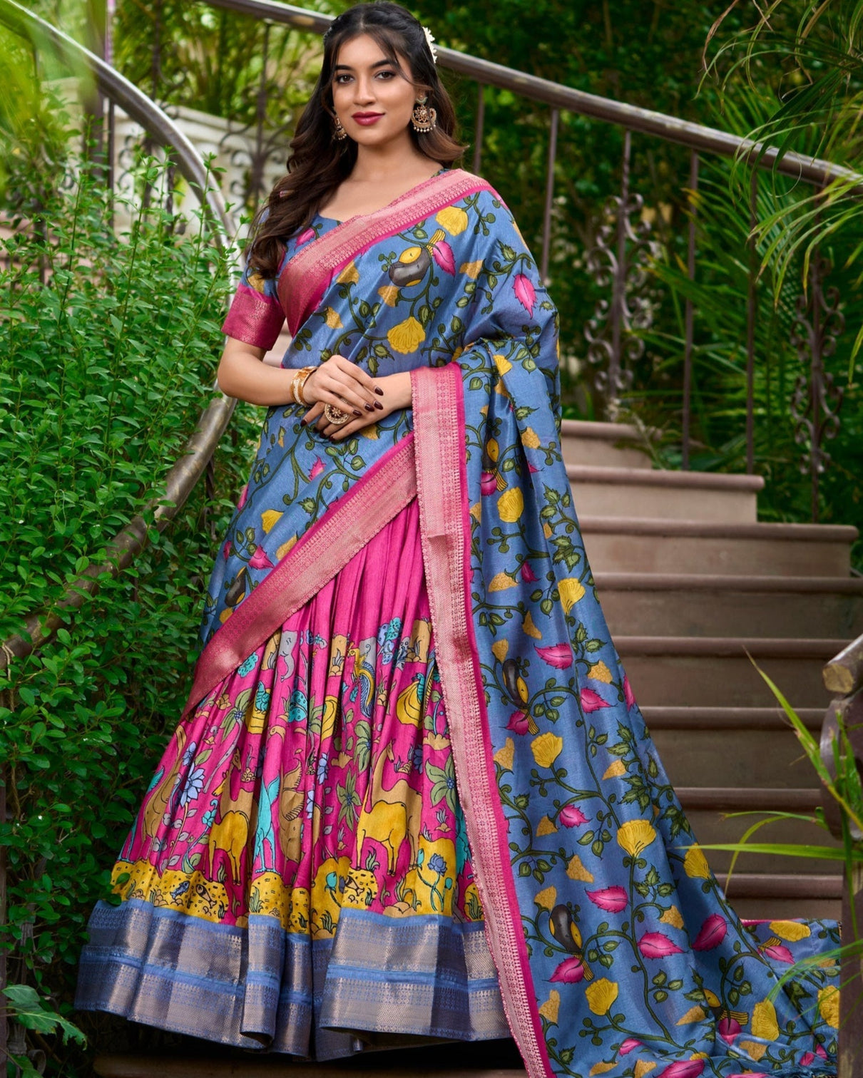 Rosewood pink azure blue kalamkari dola silk lehenga set a timeless expression of heritage elegance mameraa