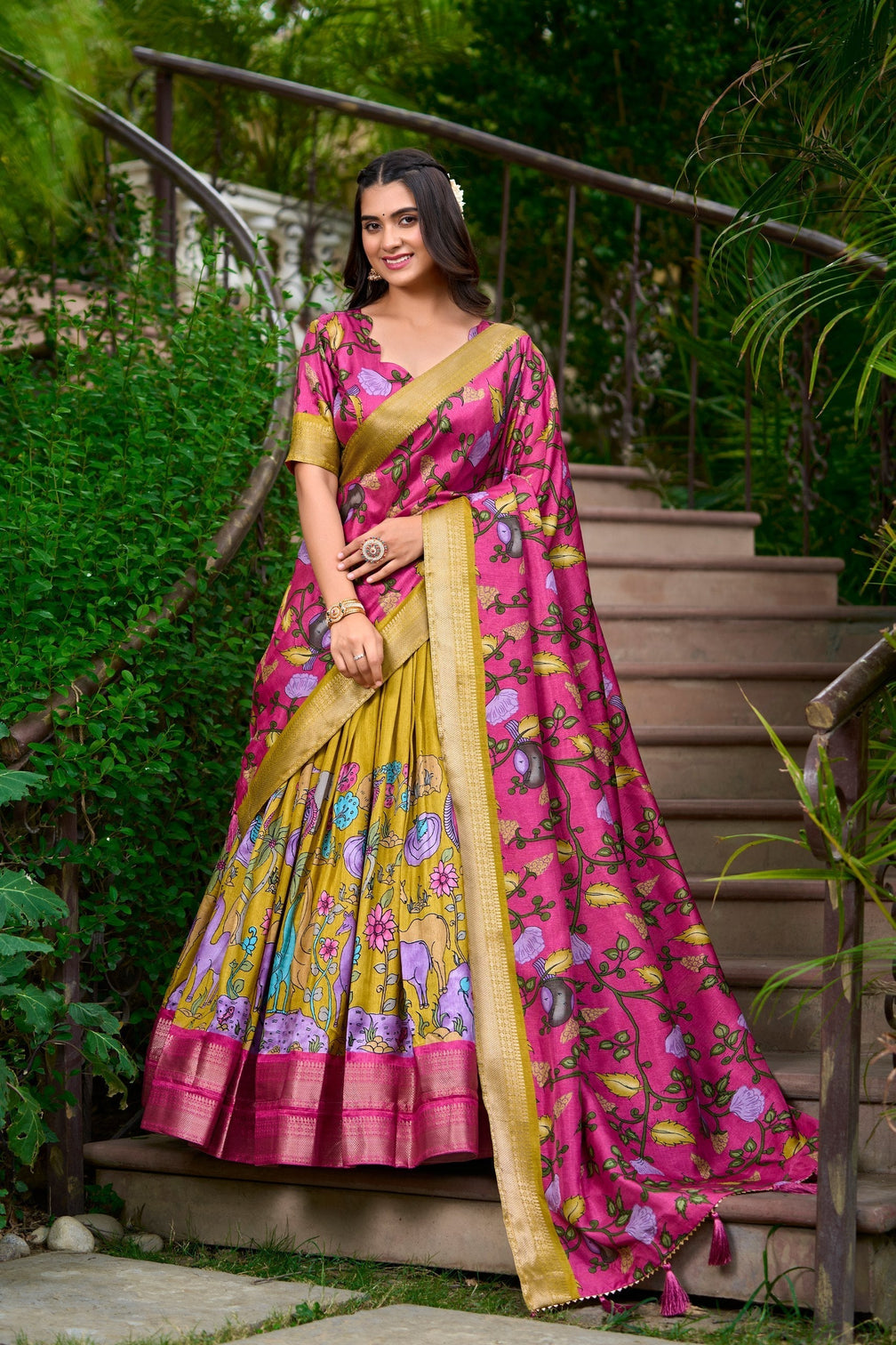 Regal fuchsia golden mustard kalamkari dola silk lehenga set a masterpiece of heritage elegance mameraa