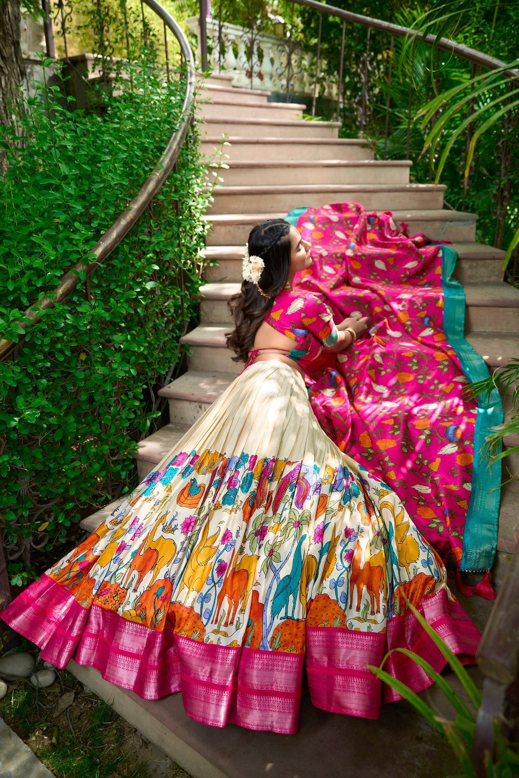 Ivory fuchsia pink kalamkari dola silk lehenga set a blend of art tradition