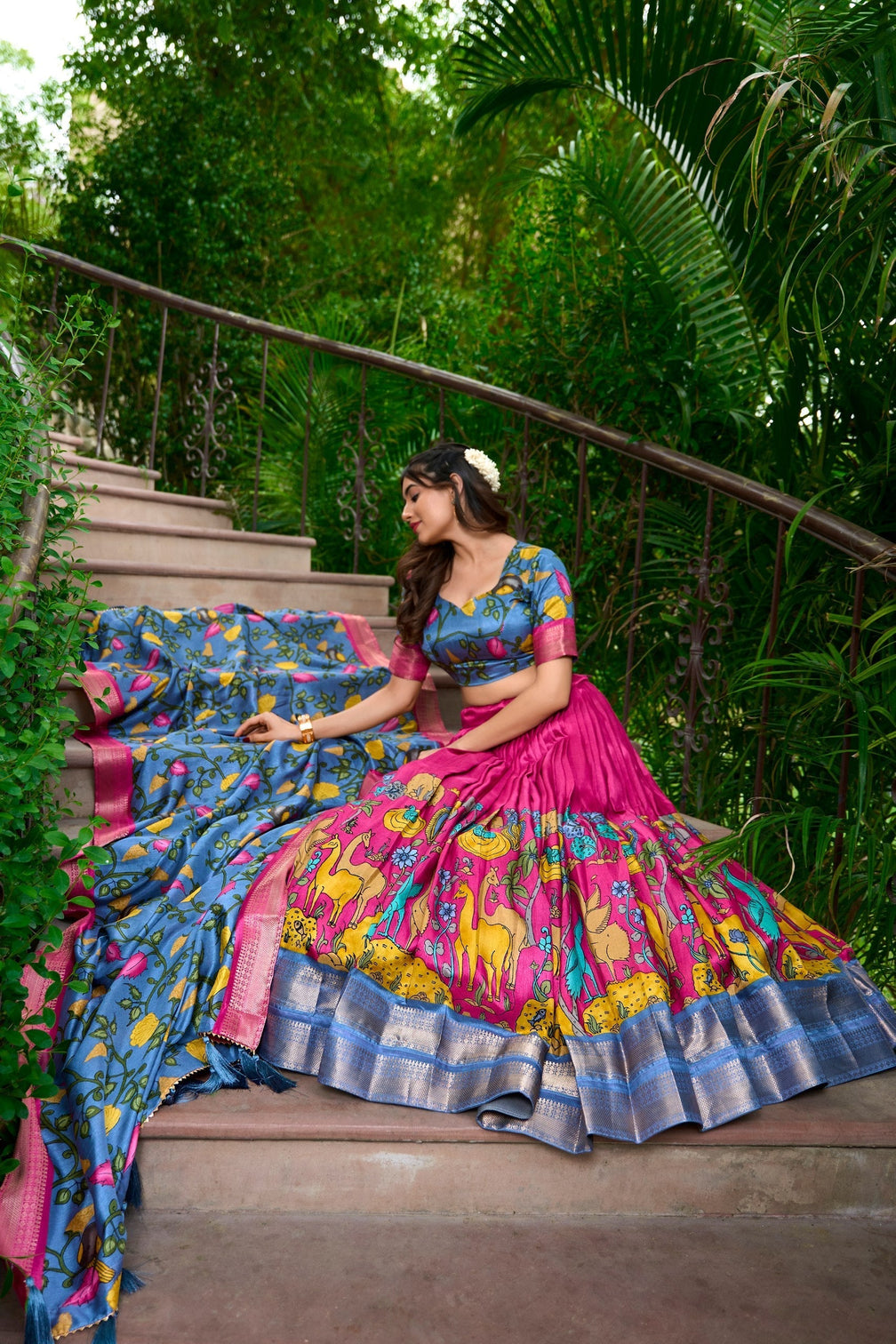 Rosewood pink azure blue kalamkari dola silk lehenga set a timeless expression of heritage elegance