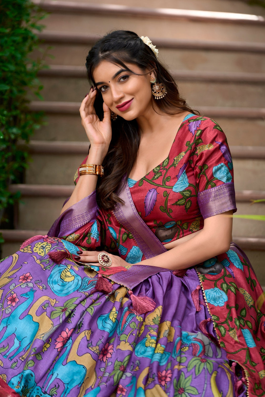 Crimson rouge royal violet kalamkari dola silk lehenga set a masterpiece of tradition elegance