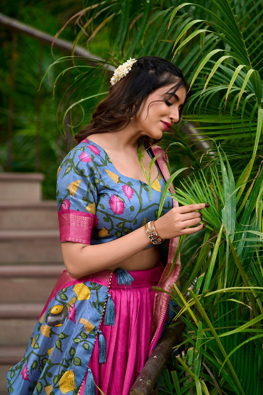 Rosewood pink azure blue kalamkari dola silk lehenga set a timeless expression of heritage elegance