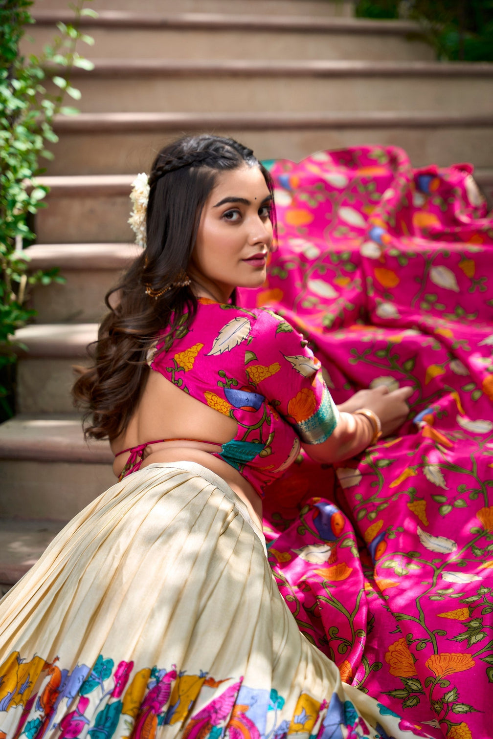 Ivory fuchsia pink kalamkari dola silk lehenga set a blend of art tradition