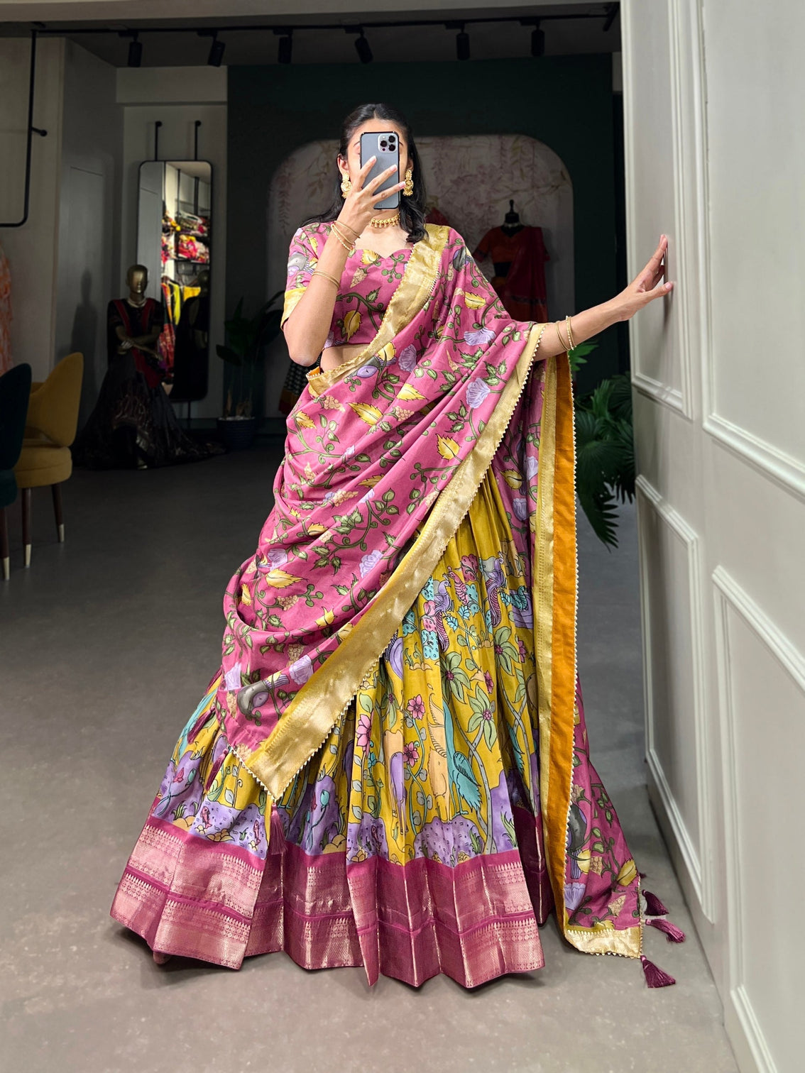 Regal fuchsia golden mustard kalamkari dola silk lehenga set a masterpiece of heritage elegance mameraa