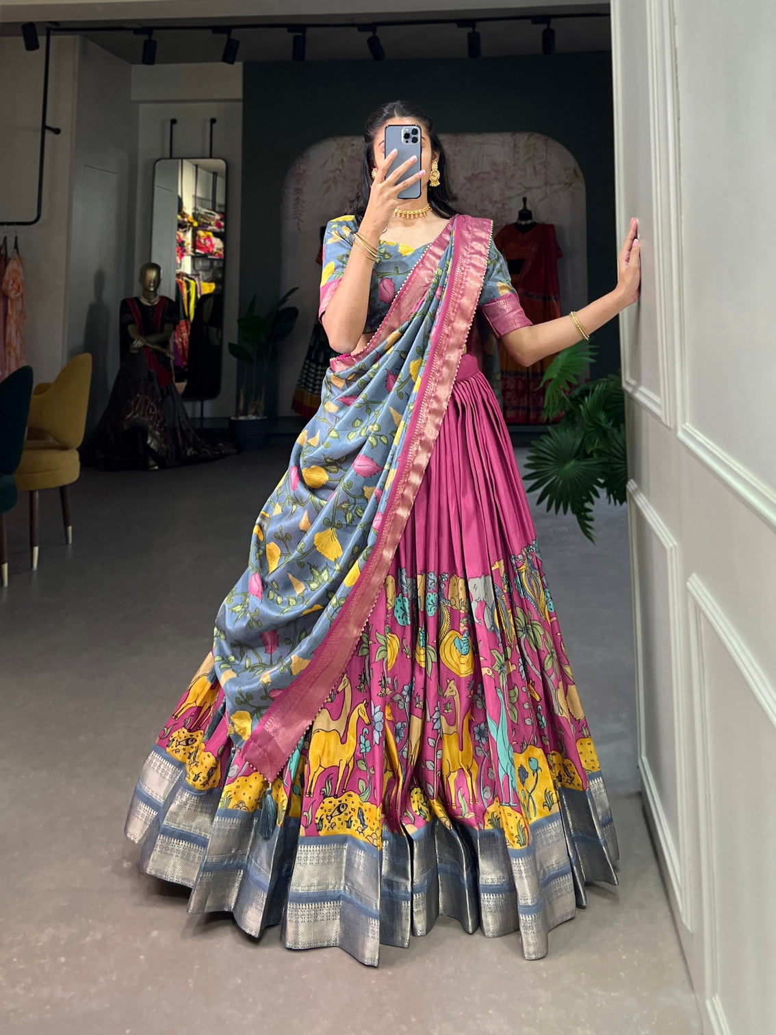 Rosewood pink azure blue kalamkari dola silk lehenga set a timeless expression of heritage elegance mameraa