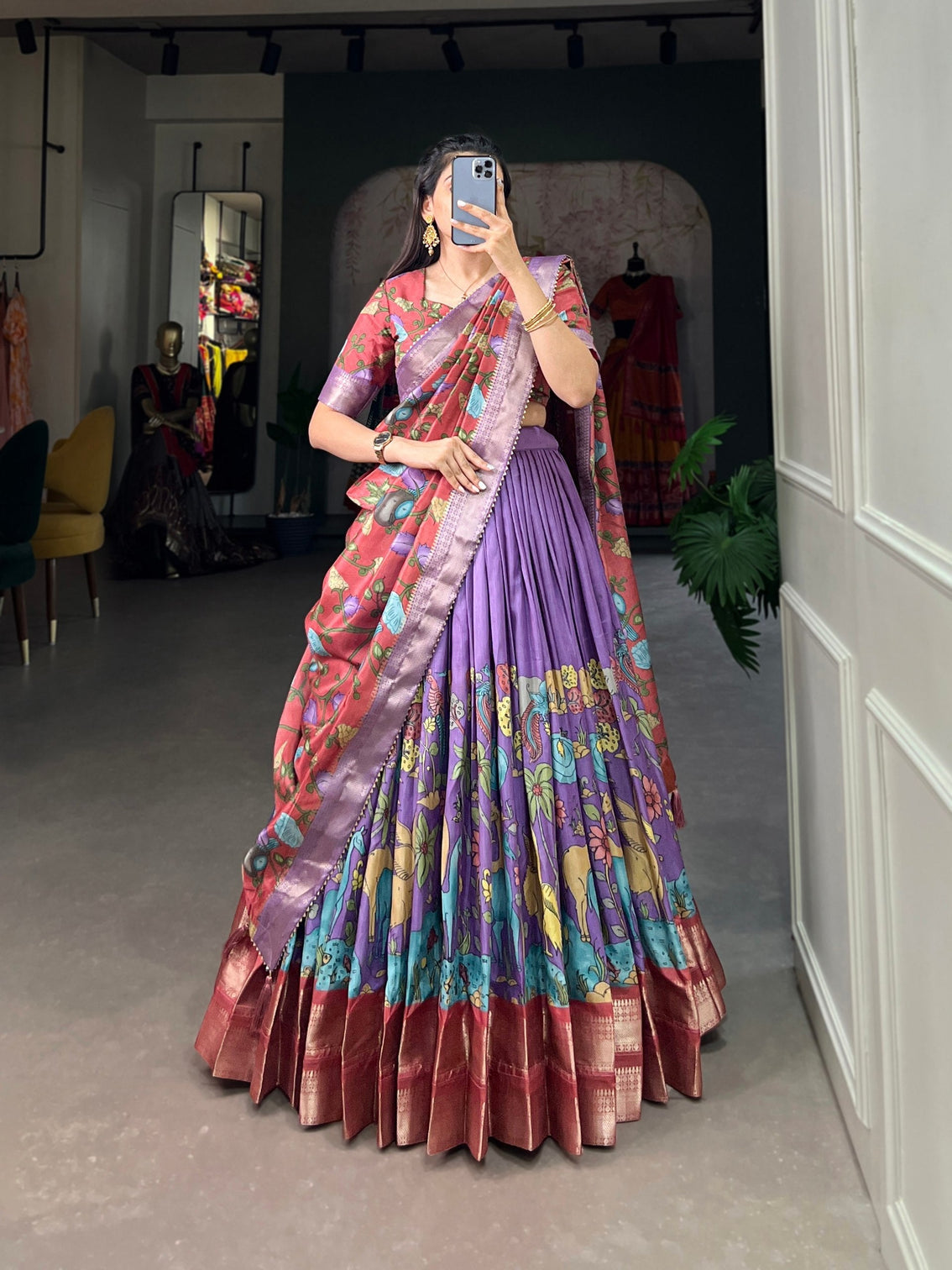 Crimson rouge royal violet kalamkari dola silk lehenga set a masterpiece of tradition elegance mameraa