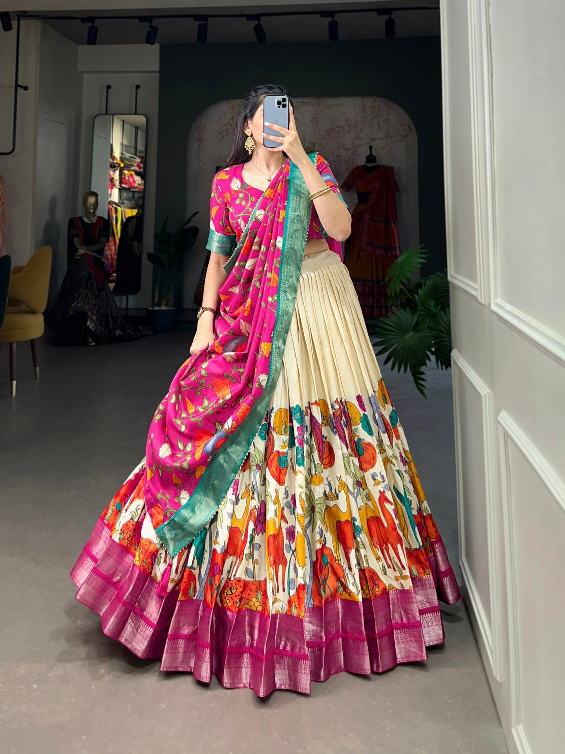 Ivory fuchsia pink kalamkari dola silk lehenga set a blend of art tradition mameraa