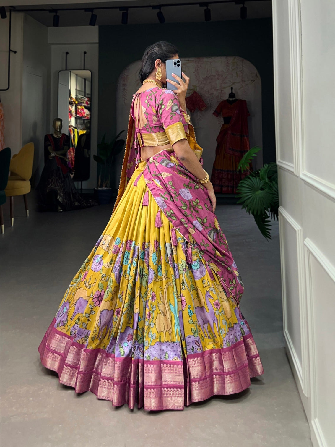 Regal fuchsia golden mustard kalamkari dola silk lehenga set a masterpiece of heritage elegance