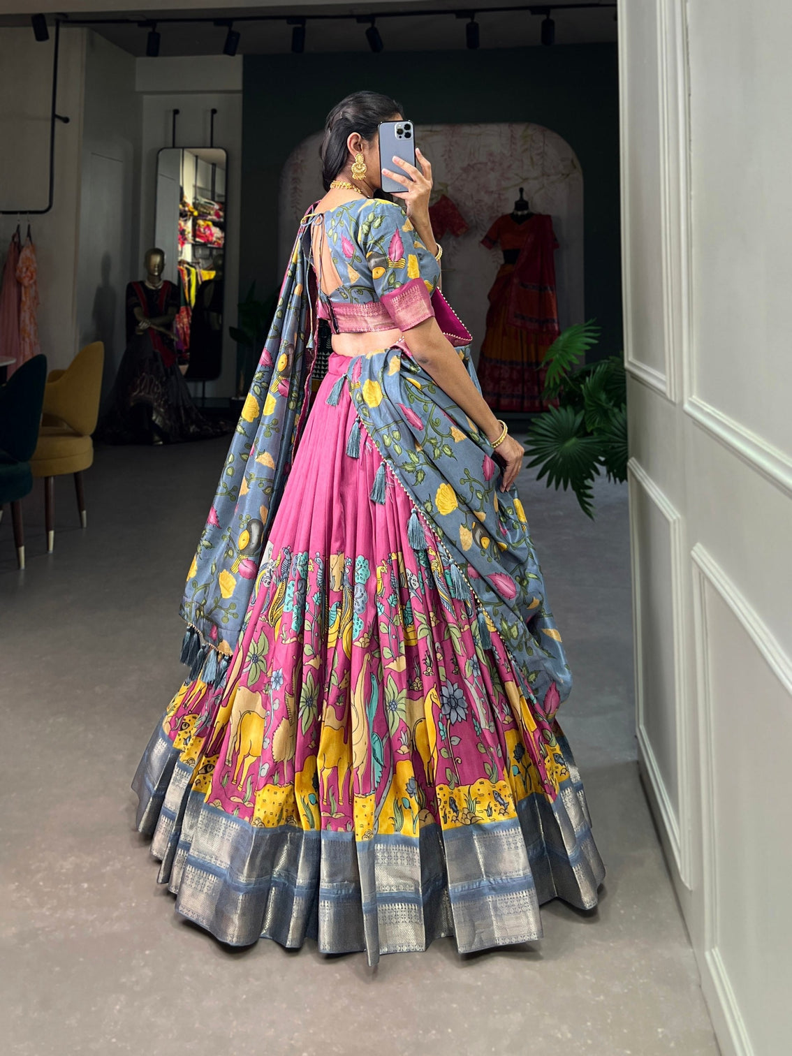 Rosewood pink azure blue kalamkari dola silk lehenga set a timeless expression of heritage elegance