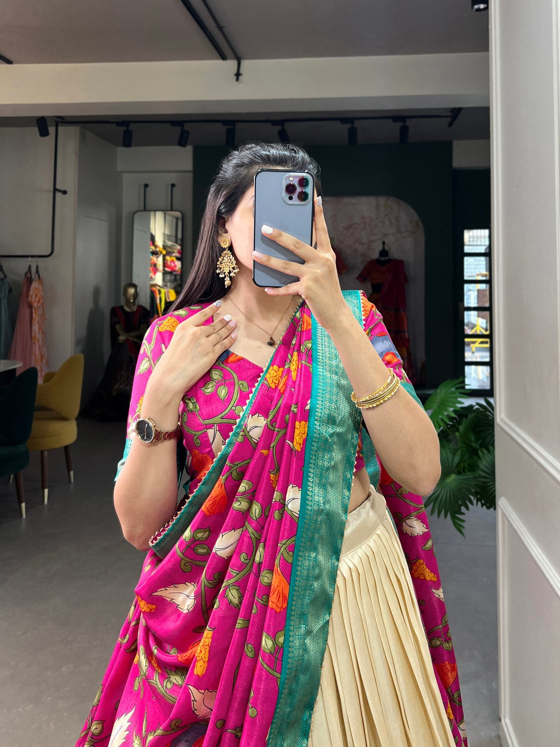 Ivory fuchsia pink kalamkari dola silk lehenga set a blend of art tradition