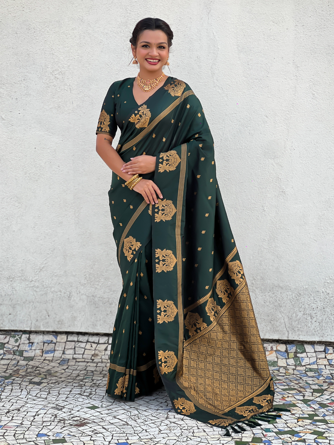 Bottle green soft silk traditional zari woven saree
