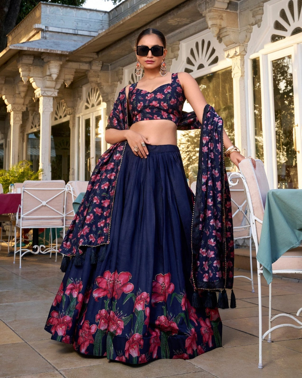 Navy blue scarlet floral tussar silk lehenga set a statement of grace elegance mameraa
