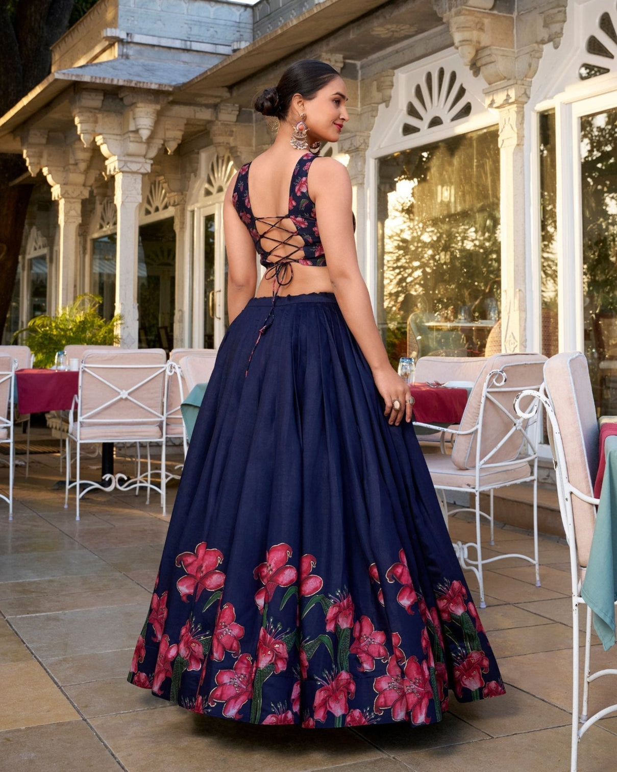 Navy blue scarlet floral tussar silk lehenga set a statement of grace elegance