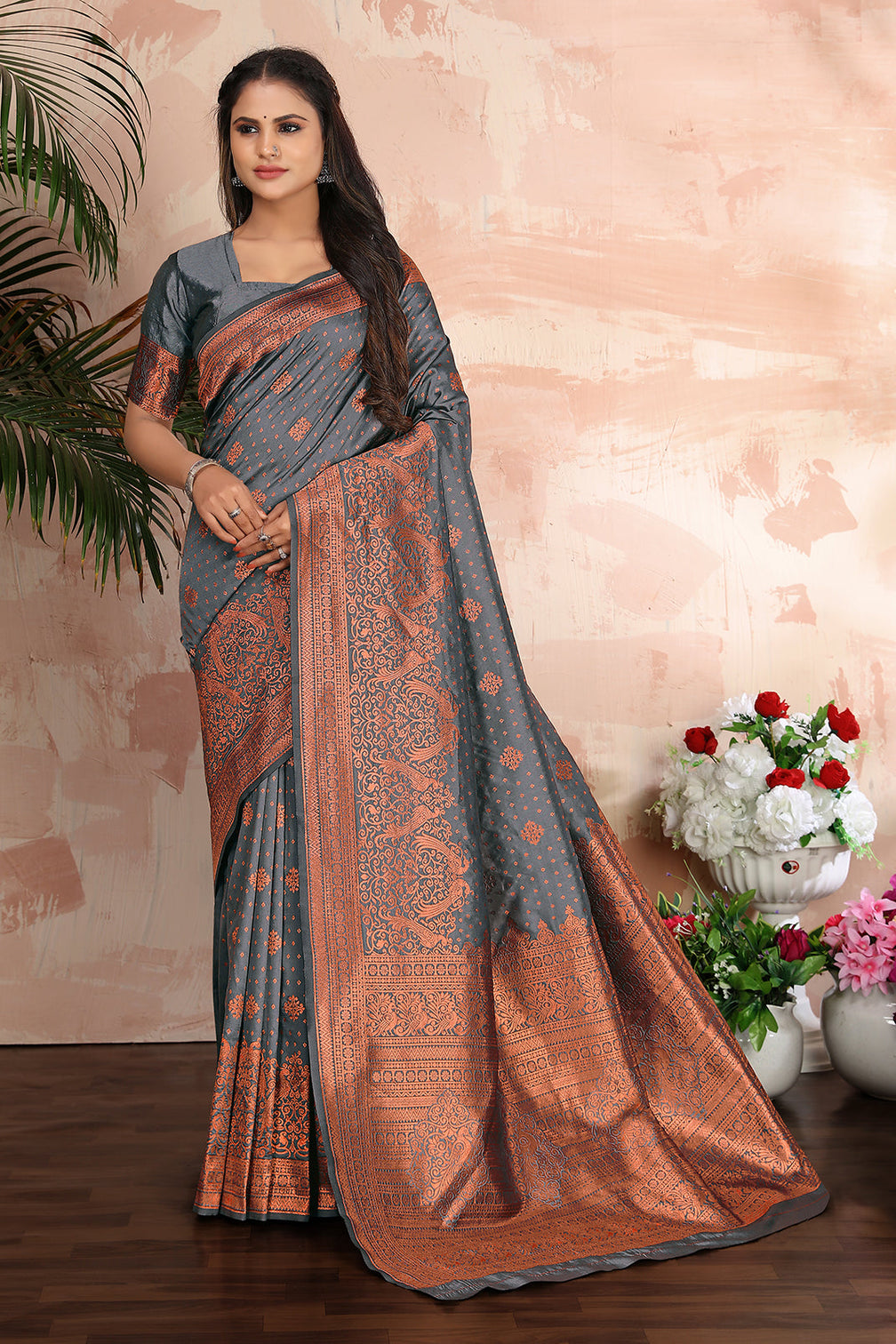 Grey woven banarasi silk traditional saree