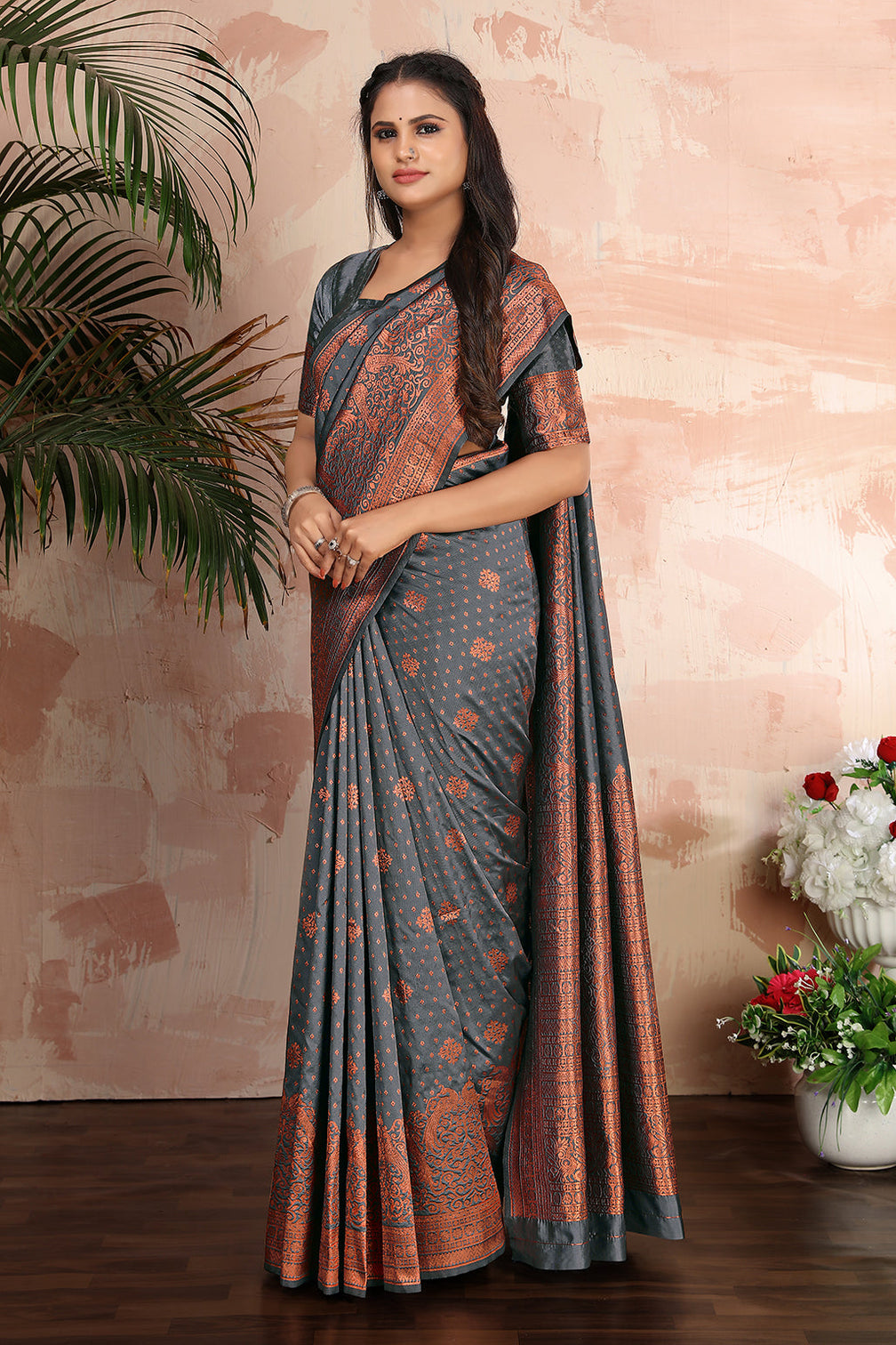 Grey woven banarasi silk traditional saree
