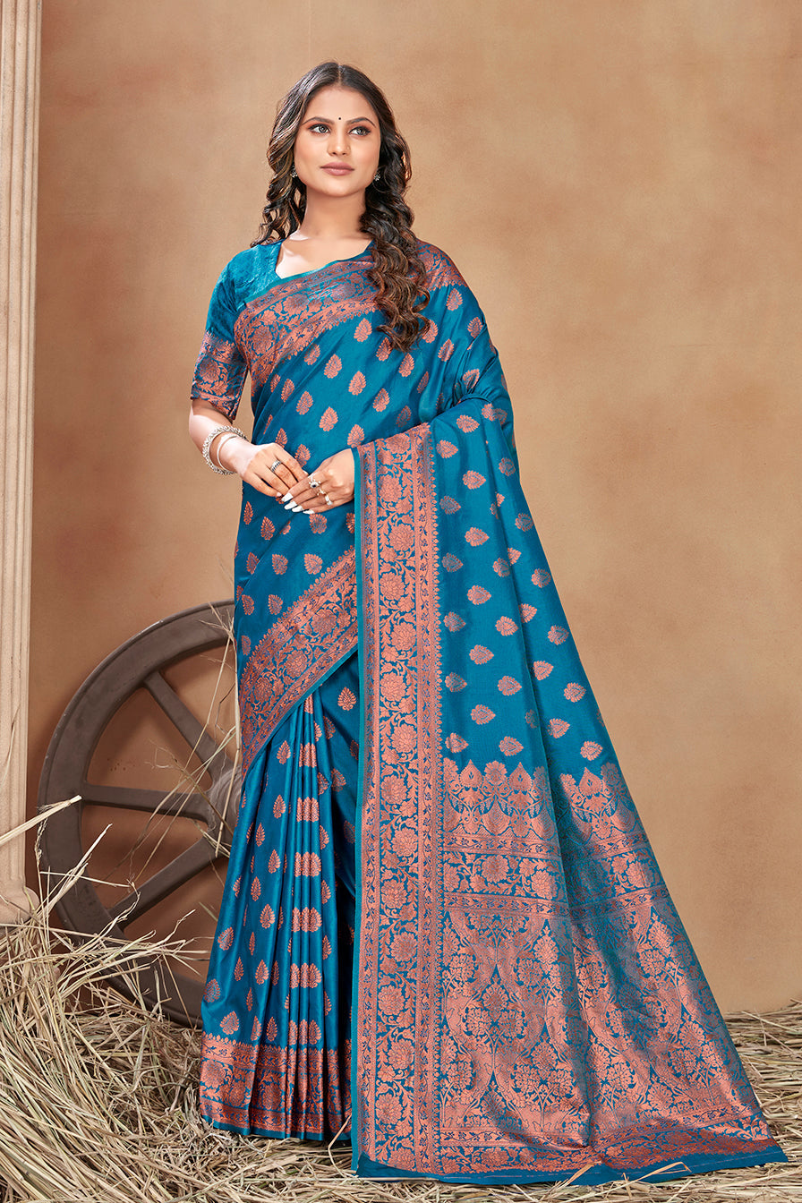 Cobalt blue woven banarasi silk traditional saree