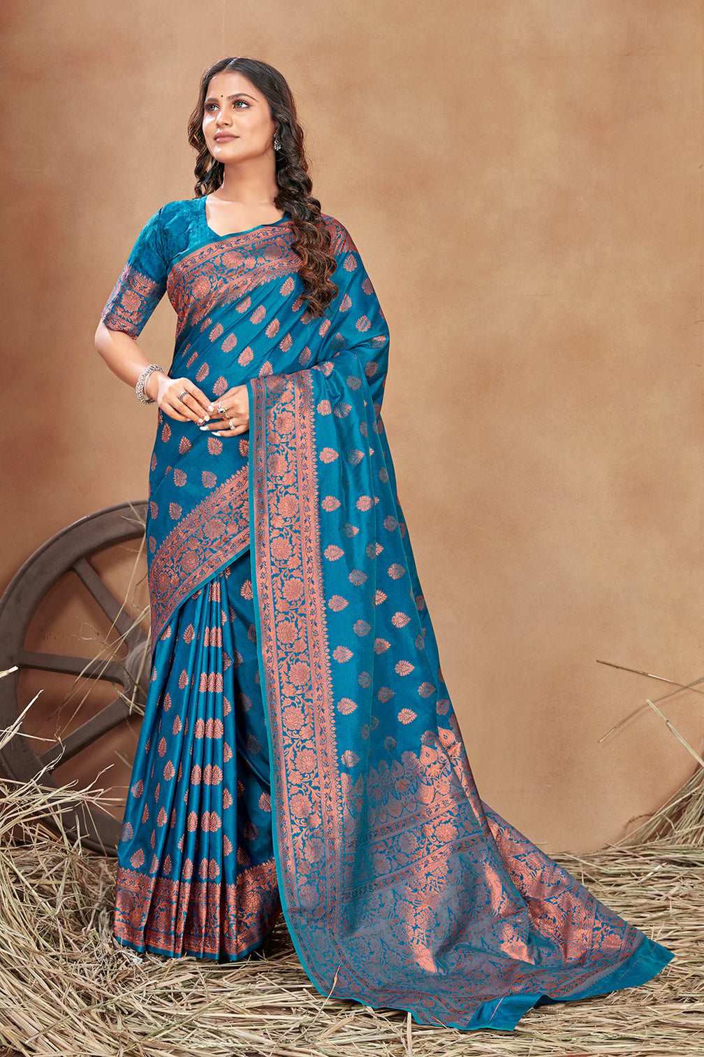 Cobalt blue woven banarasi silk traditional saree