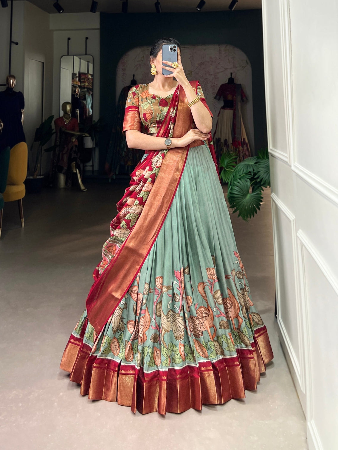 Scarlet red sage green kalamkari dola silk lehenga set a harmonious blend of heritage elegance