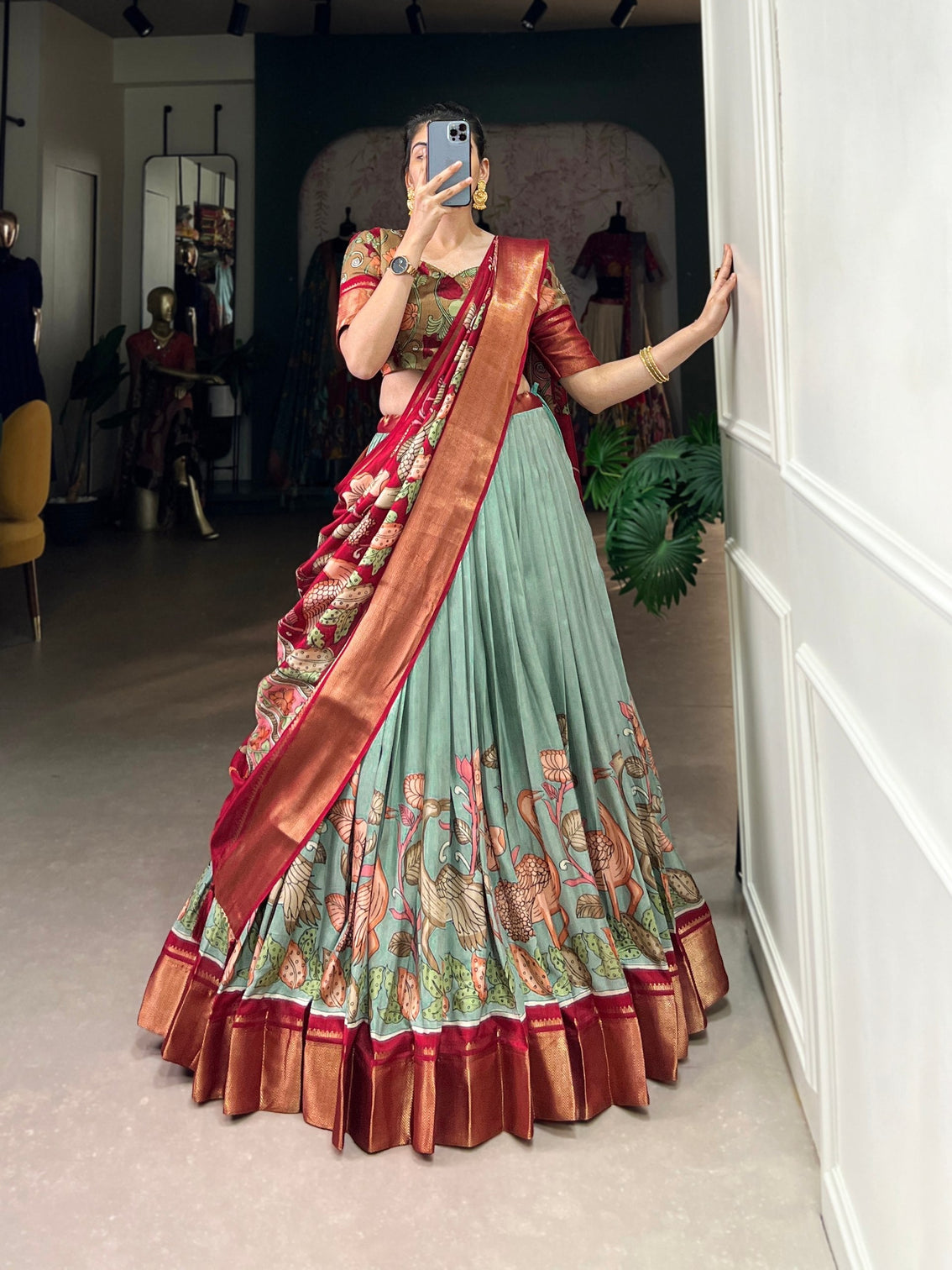 Scarlet red sage green kalamkari dola silk lehenga set a harmonious blend of heritage elegance mameraa