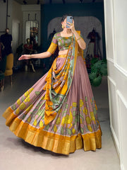 Blush mauve golden ochre kalamkari dola silk lehenga set a majestic weave of heritage artistry mameraa