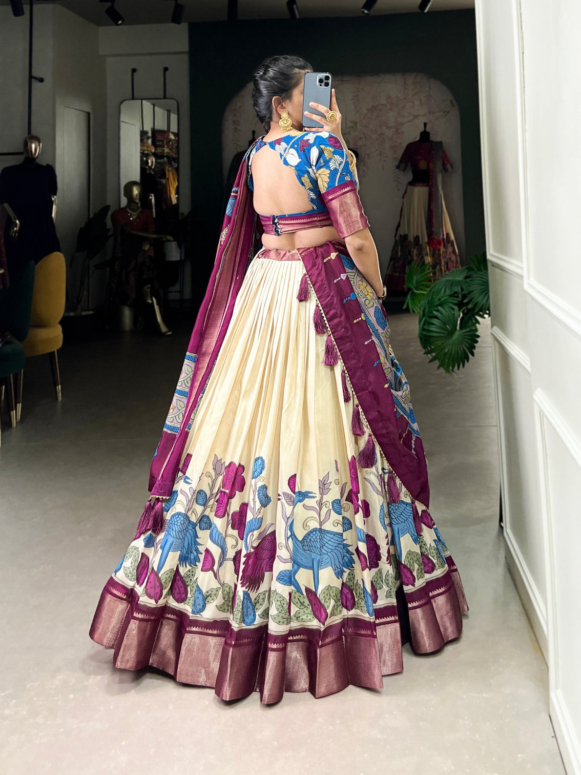 Ivory royal blue kalamkari dola silk lehenga set a blend of heritage and grandeur
