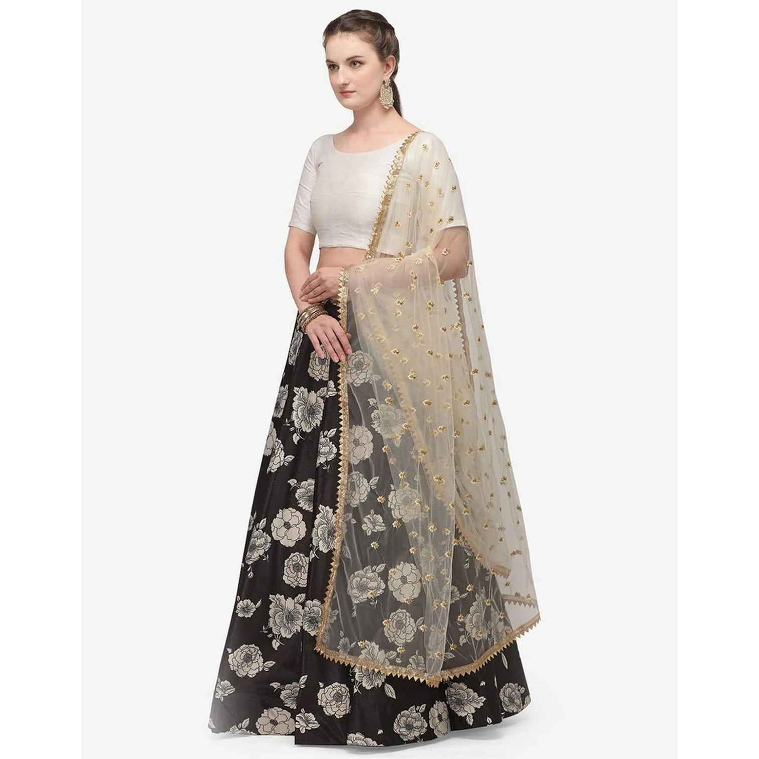 Black Color Zari Satin Lehenga Choli with Net Dupatta