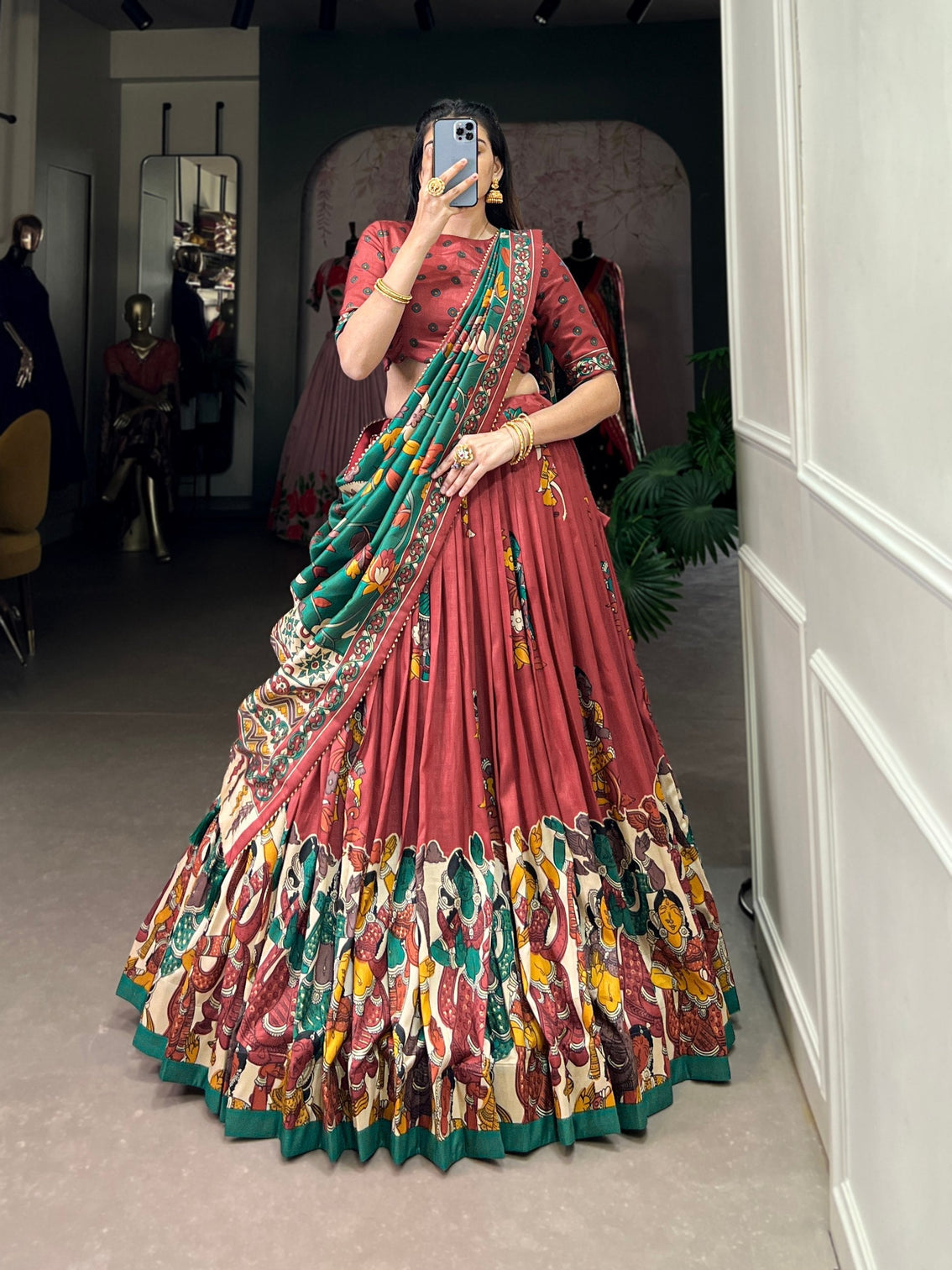 Rust emerald green tussar silk kalamkari lehenga set a celebration of art tradition mameraa