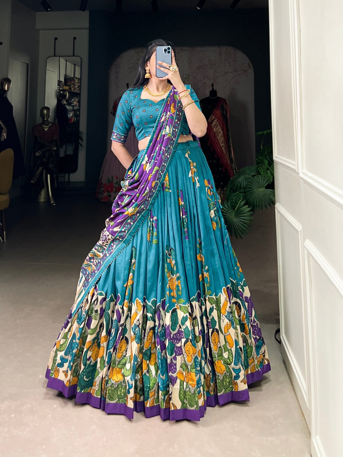 Teal blue royal purple kalamkari tussar silk lehenga set a regal statement of heritage grandeur