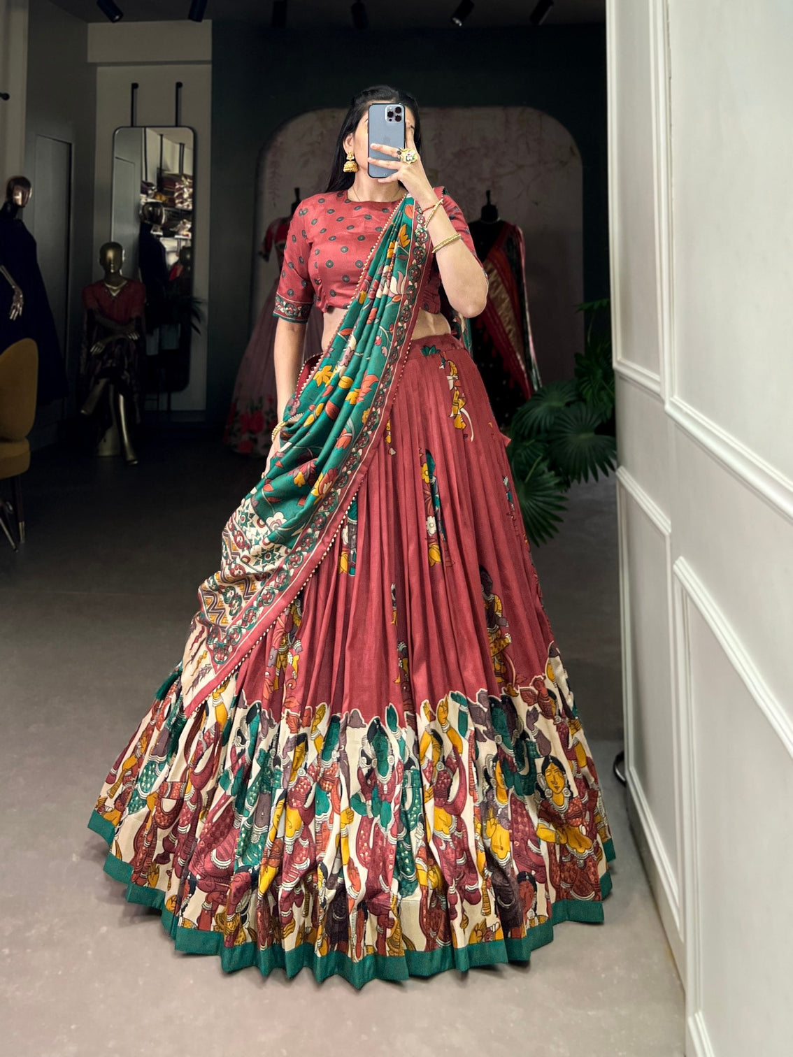 Rust emerald green tussar silk kalamkari lehenga set a celebration of art tradition