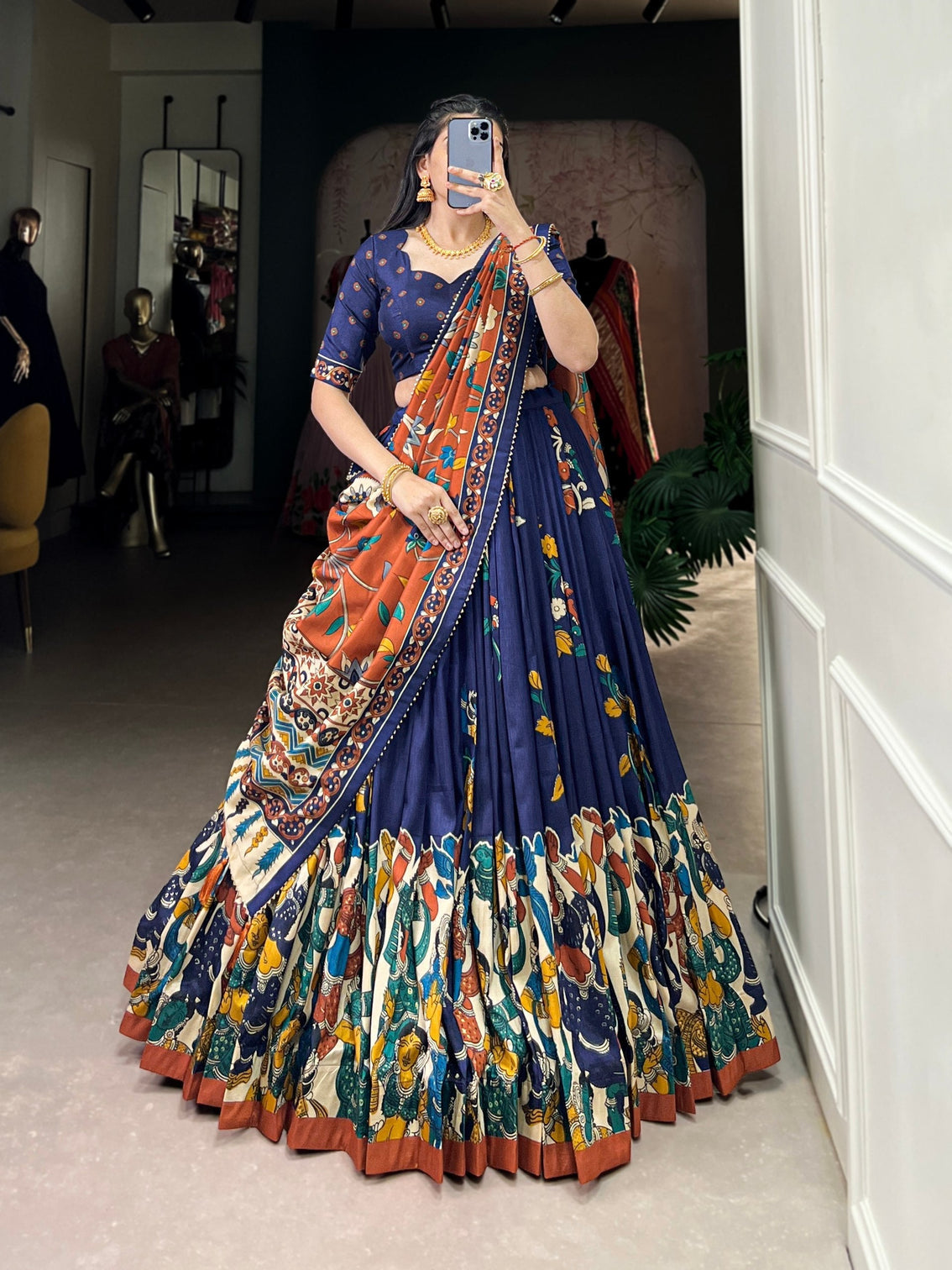 Royal midnight blue rust kalamkari tussar silk lehenga set a statement of cultural grandeur mameraa